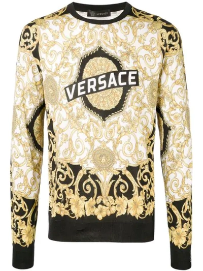 Versace Floral Logo Print Sweater In Gold