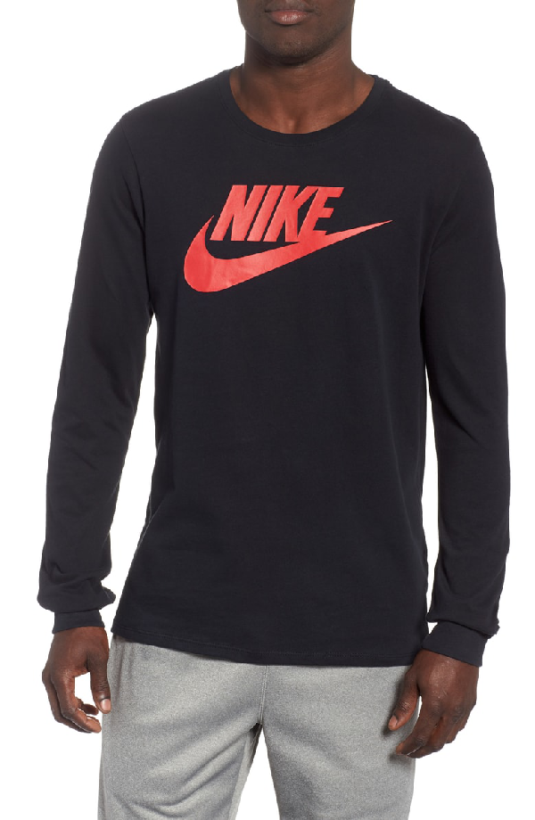 black nike shirt with red logo