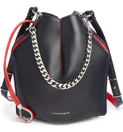Alexander Mcqueen Bicolor Leather Bucket Bag In Black/ Lust Red