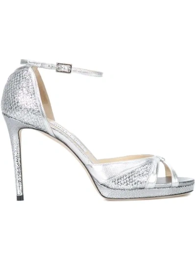 Jimmy Choo Talia 120 Silver Glitter Fabric And Metallic Nappa Sandals