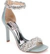 Badgley Mischka Fiorenza Crystal & Imitation Pearl Embellished Sandal In Blue Radiance Satin