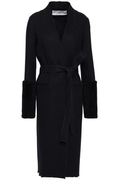 Amanda Wakeley Woman Shearling-trimmed Wool-blend Felt Coat Midnight Blue