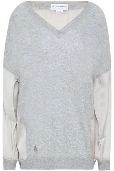 Amanda Wakeley Woman Satin-paneled Cashmere And Wool-bend Sweater Light Gray