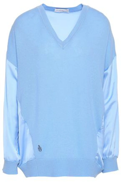 Amanda Wakeley Satin-paneled Cashmere And Wool-bend Sweater In Sky Blue