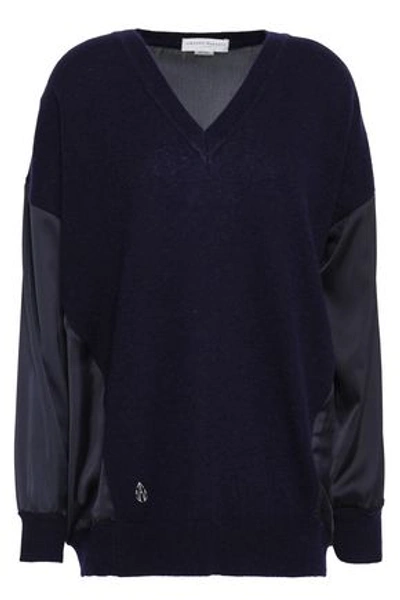 Amanda Wakeley Woman Satin-paneled Cashmere And Wool-blend Sweater Navy