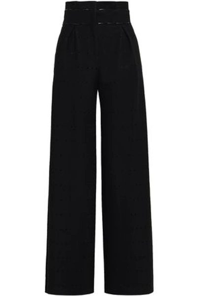 Amanda Wakeley Woman Leather-trimmed Perforated Wool-blend Wide-leg Pants Black