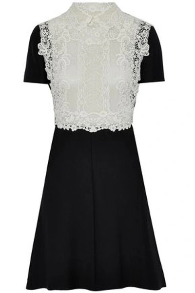 Valentino Lace-paneled Wool And Silk-blend Mini Dress In Black