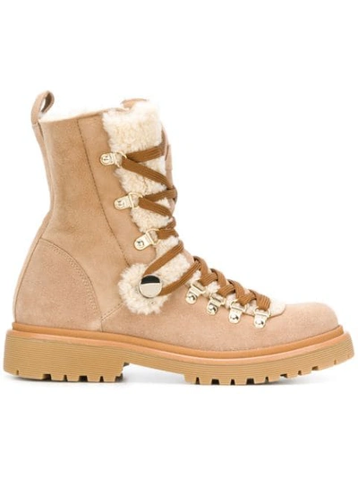 Moncler Fur Trim Lace-up Boots In Beige