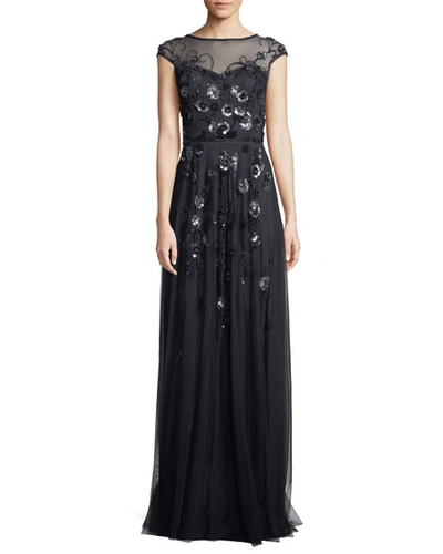 Theia Floral Vine Beaded Tulle Cap-sleeve Gown In Navy