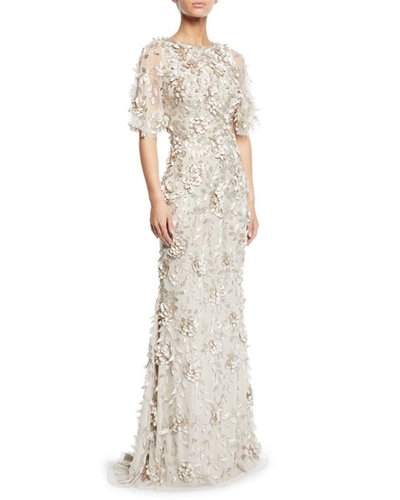 Theia Flutter-sleeve Mermaid Gown With 3d Petals In Beige