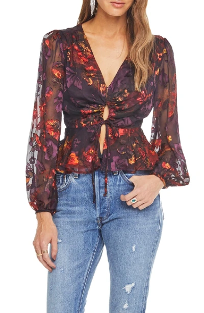 Astr Gianna Floral Long-sleeve Peplum Top In Plum/ Red Floral