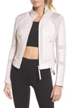 Blanc Noir Quilted Leather & Mesh Moto Jacket In Pale Pink
