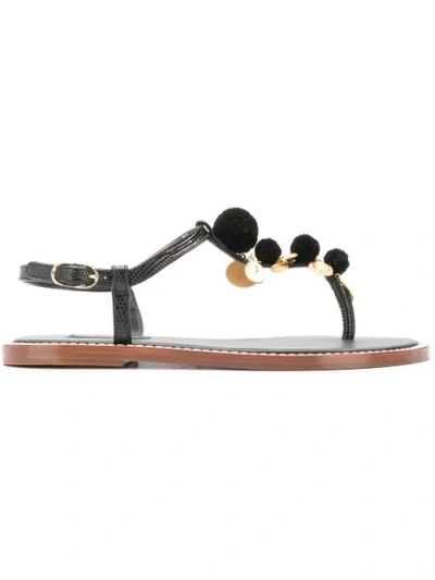 Dolce & Gabbana Pompom And Charm-embellished Lizard-effect Leather Sandals In Nero