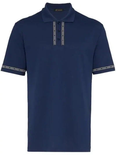 Versace Logo Tape Cotton Polo Shirt In Blue