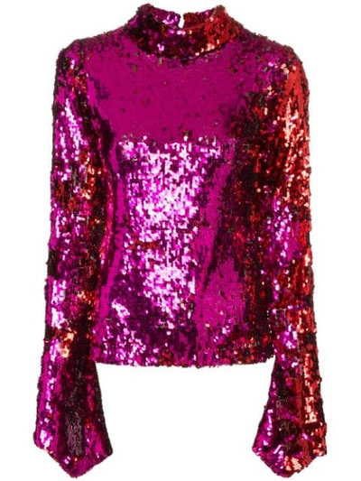 Halpern Sequin Top With Flared Sleeves In Pink