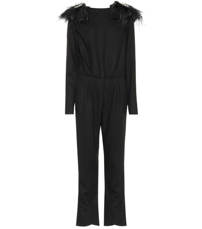 Johanna Ortiz Embellished Feather Shoulder Jumpsuit In Black