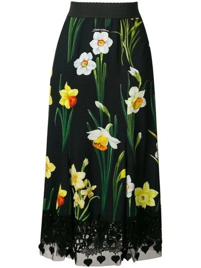 Dolce & Gabbana Daffodil-print Cady Midi Skirt In Black