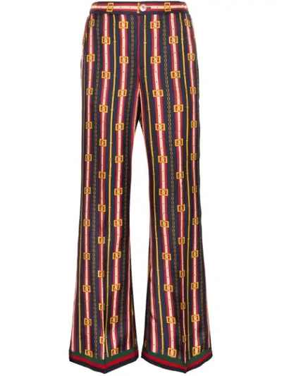 Gucci Chain And Stripe Print Silk Trousers In Blue