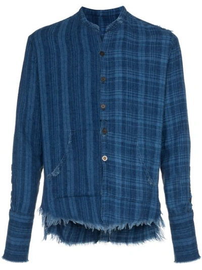 Greg Lauren Frayed Plaid Shirt In Blue