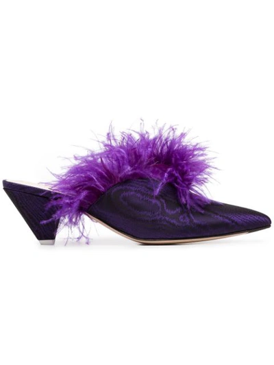Attico Purple Cara 45 Feather Embellished Moiré Mules