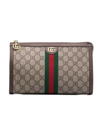 Gucci Beige And Brown Gg Logo Leather Makeup Bag