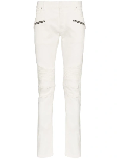 Balmain Skinny Logo Patch Biker Jeans In White