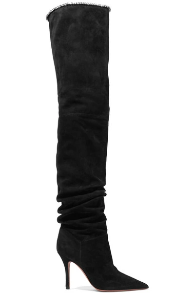 Amina Muaddi Barbara Crystal-trimmed Suede Over-the-knee Boots In Black