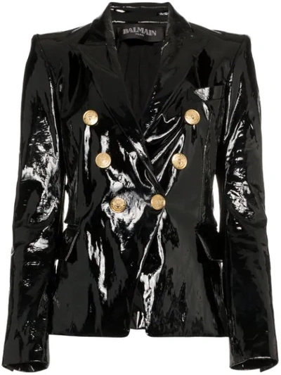 Balmain Double-breasted Patent-leather Blazer In Black