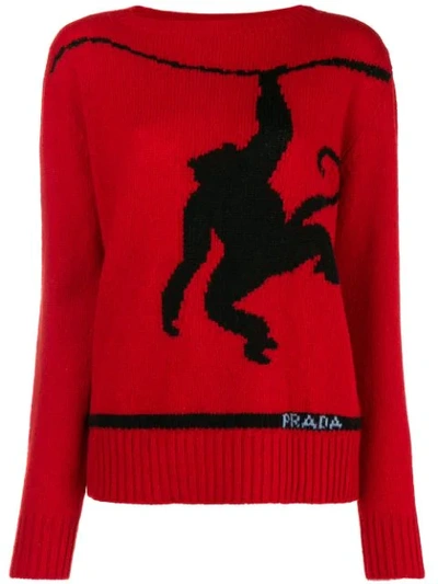 Prada 猴子 Intarsia 羊毛 和 开司米-混合 跨接器 In Rosso