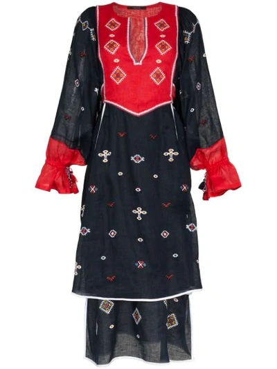 Vita Kin Embroidered Tiered Linen Dress In Blue Red