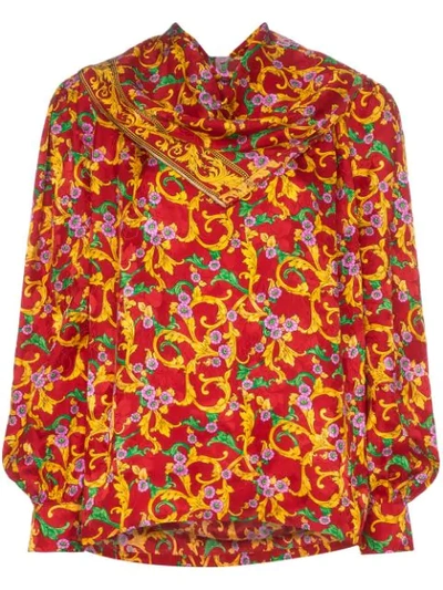 Push Button Pushbutton Floral Print Draped Silk Blouse In Red