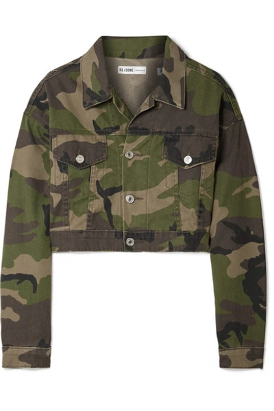 Re/done Cropped Camouflage-print Denim Jacket In Green
