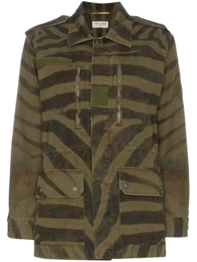 Saint Laurent Zebra Print Parka Coat In Green