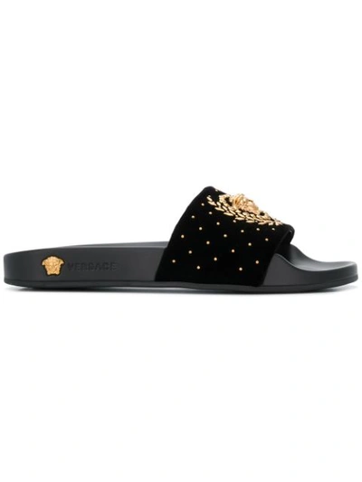 Versace Medusa Studded Velvet Slides In Black