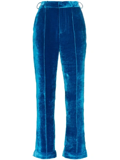 De La Vali Tiger Lily Cropped Velvet Trousers In Blue