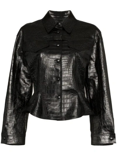 Off-white Embossed Leather Button-front Biker Jacket In Black