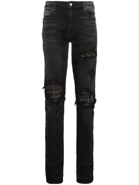 Amiri Slim-Fit Distressed Cotton And Leather Jeans In Black | ModeSens
