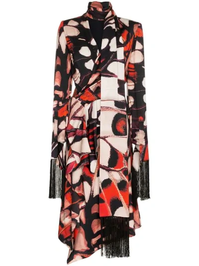 Alexander Mcqueen Butterfly-print Tassel-trim Silk Midi Dress In Red Rose