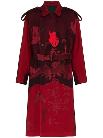 Yohji Yamamoto Female Print Wool Blend Trench Coat In Red