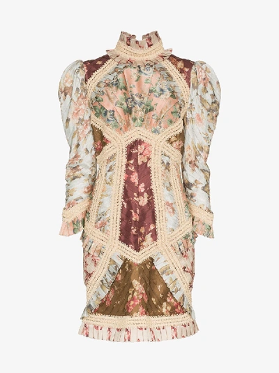 Zimmermann Embellished Floral Print Silk Mini Dress In Neutrals