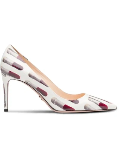 Prada Lipstick-print Patent Leather Pumps In White