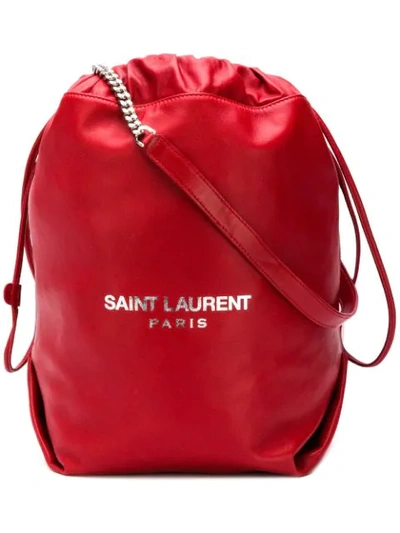 Saint Laurent Red Pochon Logo Print Leather Drawstring Shoulder Bag