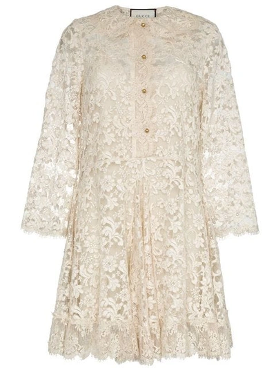 Gucci Long-sleeve Button-front Godet-skirt Lace Dress In Neutrals