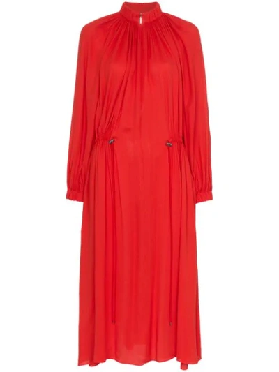 Tibi Ruched Drawstring Mockneck Midi Dress In Red