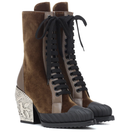 Chloé Brown Rylee 90 Baroque Velvet Lace Up Boots In Green