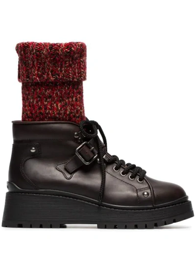 Miu Miu 55 Sock Leather Combat Boots In Brown,red