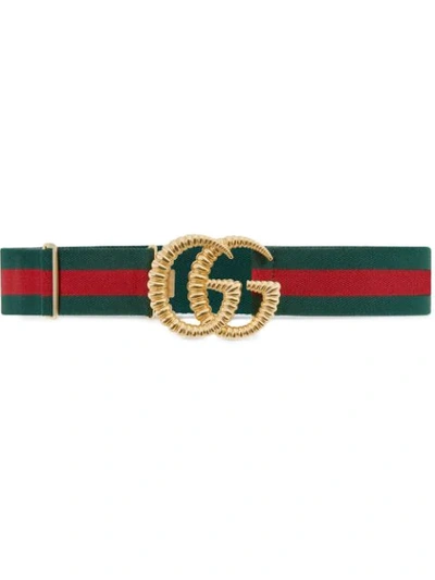 Gucci Web Elastic Belt With Torchon Double G Buckle In Green