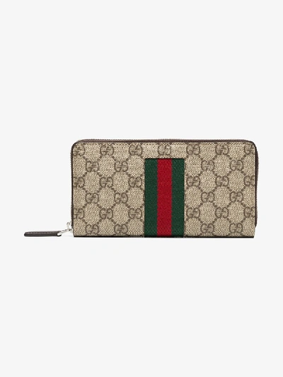 Gucci Beige Web Gg Supreme Zip Around Wallet In Neutrals