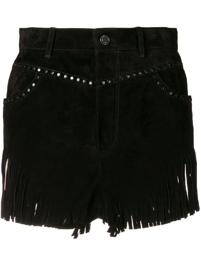 Saint Laurent Suede Shorts With Fringe Hem & Studs In Black