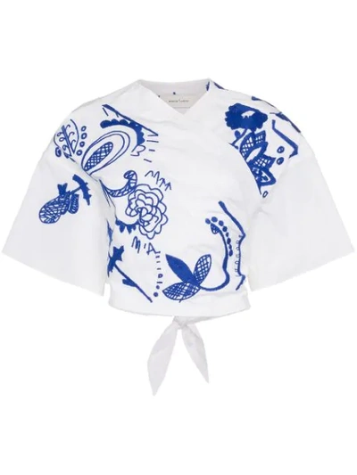 Marques' Almeida Marques'almeida Cropped Embroidered Wrap Top In White